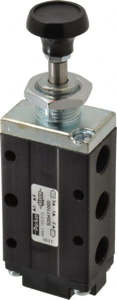 Mechanically Operated Valve: 4-Way & 2-Position, Button-Spring Return Actuator, 1/4" Inlet, 1/4" Outlet, 2 Position
