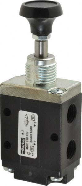 Mechanically Operated Valve: 3-Way & 2-Position, Button-Spring Return Actuator, 1/4" Inlet, 1/4" Outlet, 2 Position