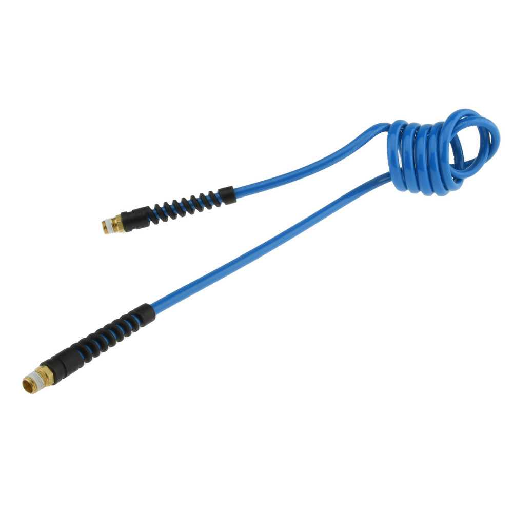 Coiled & Self Storing Hose: 1/4" ID, 5' Long, Male Swivel x Male Swivel - 147 Max psi, Red & Blue