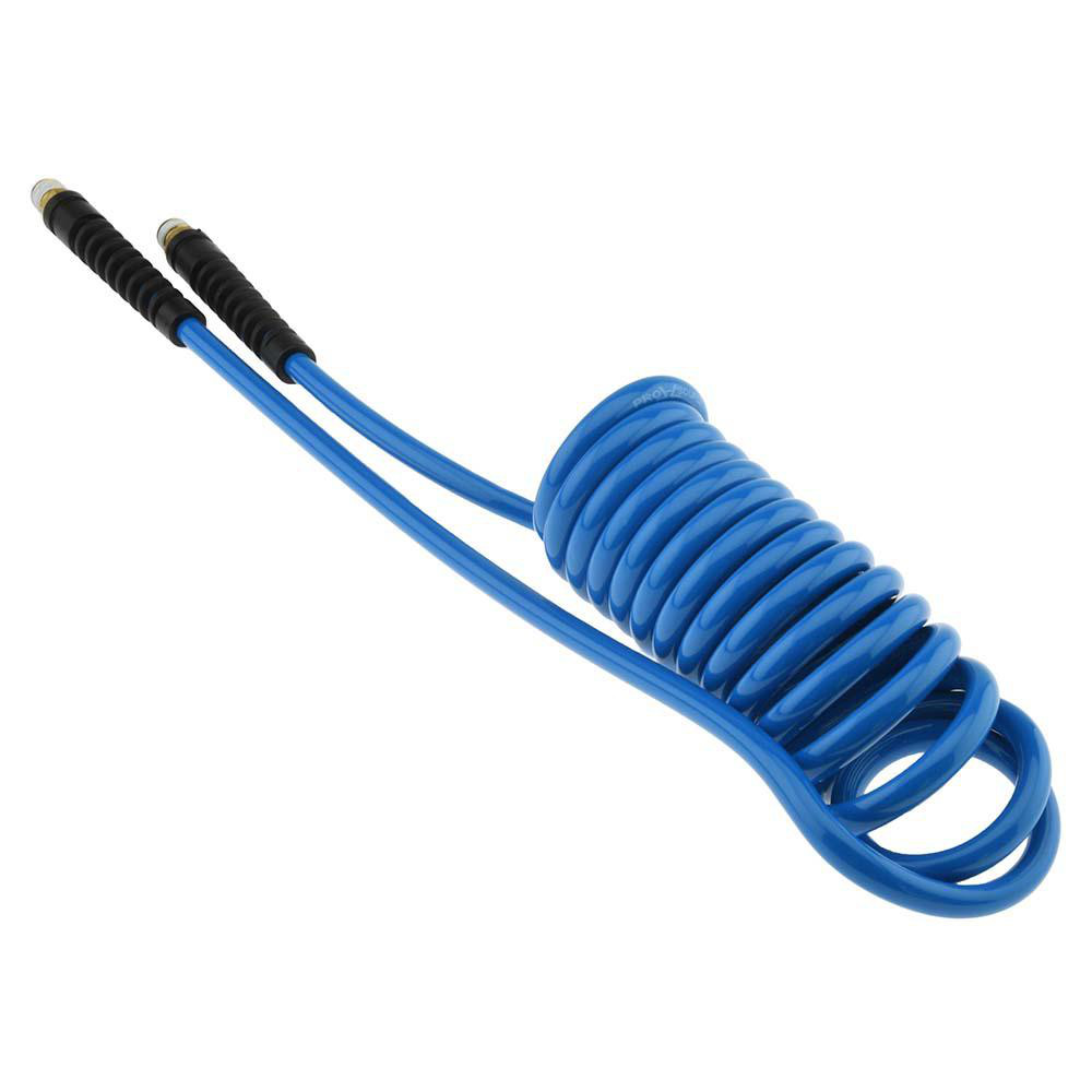 Coiled & Self Storing Hose: 1/4" ID, 10' Long, Male Swivel x Male Swivel - 147 Max psi, Red & Blue
