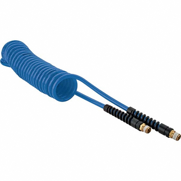 Coiled & Self Storing Hose: 1/4" ID, 15' Long, Male Swivel x Male Swivel - 147 Max psi, Red & Blue