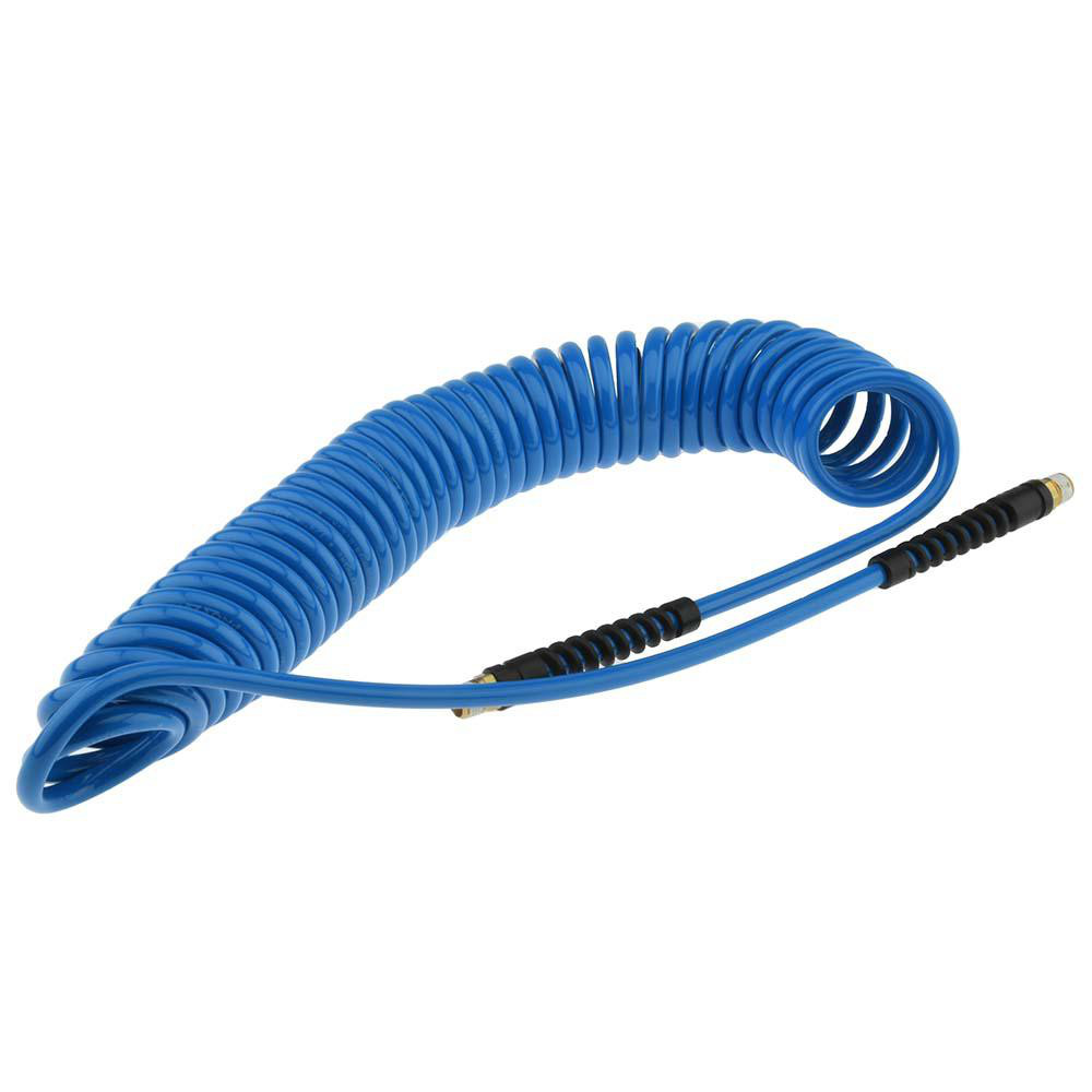 Coiled & Self Storing Hose: 1/4" ID, 25' Long, Male Swivel x Male Swivel - 147 Max psi, Red & Blue