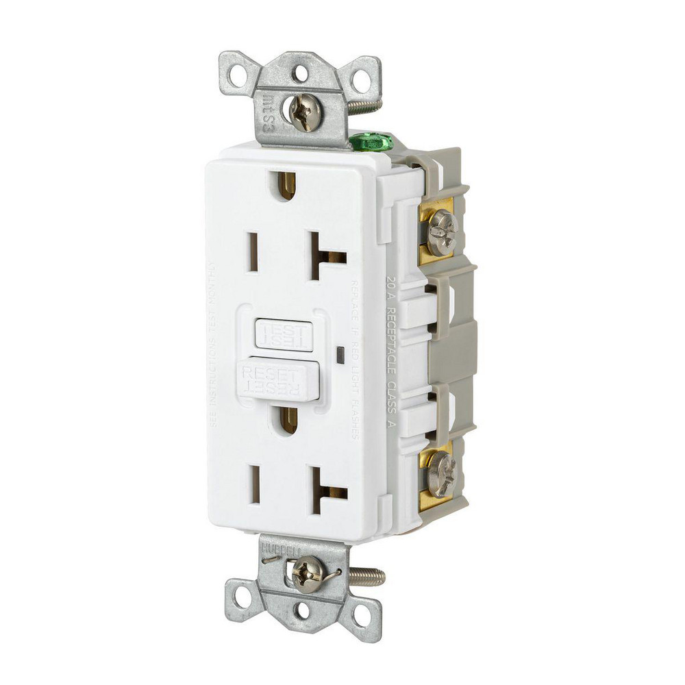 GFCI Receptacles; Grade: Commercial ; Receptacle Type: Duplex ; NEMA Configuration: 5-20R ; Wire Connection Type: Screw Terminals ; End Type: Socket ; Reset Type: Manual