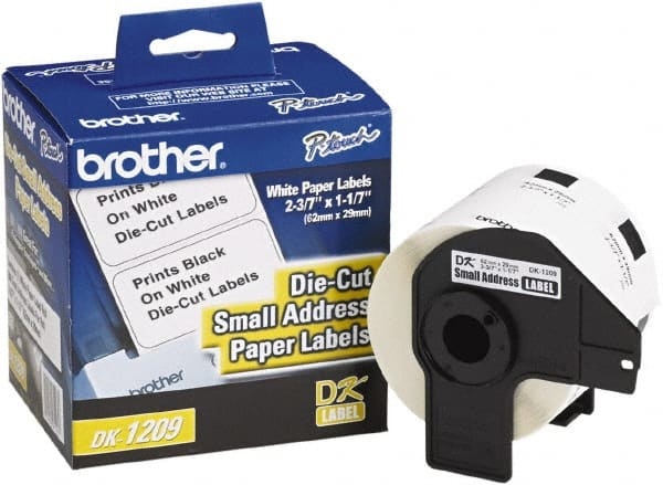 Brother DK1209 Label Maker Label: White, Paper, 2-3/16" OAL, 800 per Roll, 1 Roll 