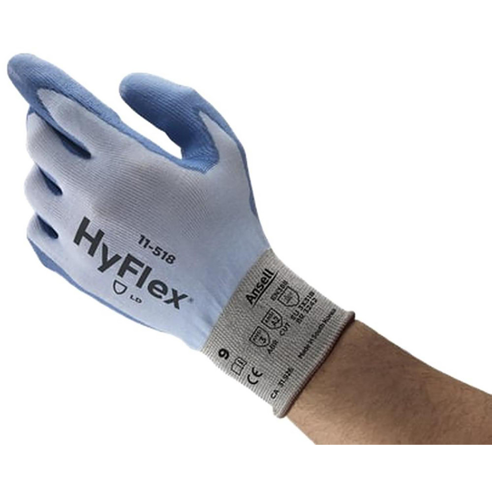 Cut, Puncture & Abrasion-Resistant Gloves: HyFlex® 11-518, Cut A2, Puncture 4, Abrasion 3, 22 ga, Size X-Large, 12" Long - Dyneema Diamond, Polyurethane-Coated, Palm Coating, Smooth Grip, Blue on Blue Pair
