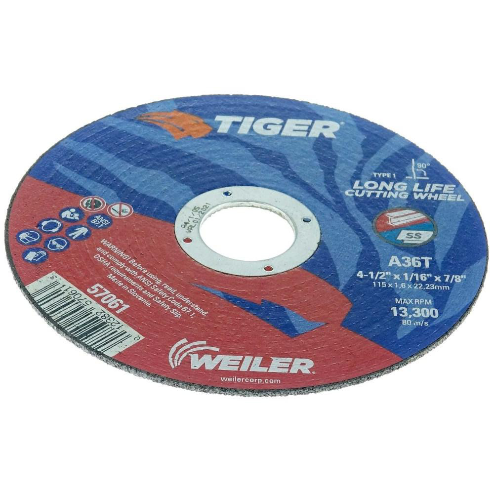 Weiler CutOff Wheel Type 1, 41/2" Dia, 1/16" Thick, 7/8" Hole, Aluminum Oxide 52027786