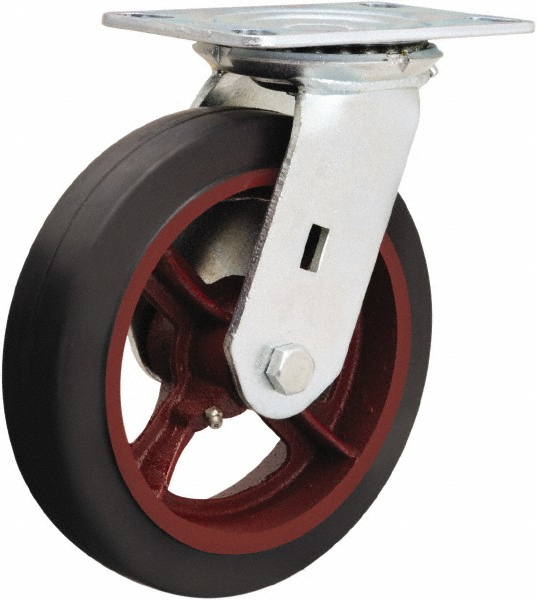 Hamilton Swivel Top Plate Caster: Rubber on Cast Iron, 500 lb, 8" Dia, 2" Wide, 9-1/2" OAH - 4-1/2 x 6-1/4" Plate, 2-7/16 x 4-15/16 Slotted to 3-3/8