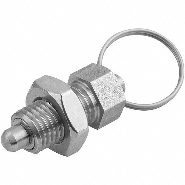 M8x1.0, 13mm Thread Length, 0.1575" Plunger Diam, 0.1575" Plunger Projection, Stainless Steel Locking Pin Pull Ring Plunger
