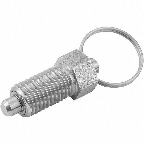M8x1.0, 13mm Thread Length, 0.1575" Plunger Diam, 0.1575" Plunger Projection, Stainless Steel Hardened Locking Pin Pull Ring Plunger