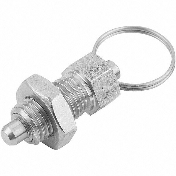 M8x1.0, 13mm Thread Length, 0.1575" Plunger Diam, 0.1575" Plunger Projection, Stainless Steel Hardened Locking Pin Pull Ring Plunger