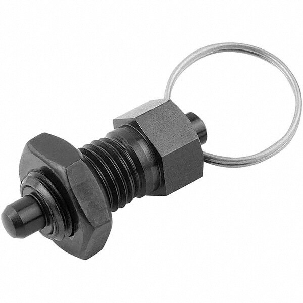 M10x1.0, 15mm Thread Length, 0.1969" Plunger Diam, 0.1969" Plunger Projection, Steel Hardened Locking Pin Pull Ring Plunger