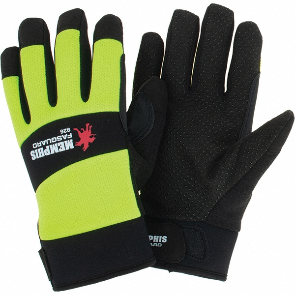 Work Gloves: Memphis® 926, Size Large, Synthetic Leather Lined, Synthetic Leather, Mechanic's & Lifting - Black & Lime Green, Pair, High Visibility