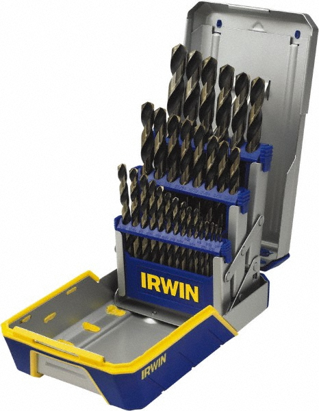 Irwin 1/16 to 1/2", 135° Point, Oxide/Gold Finish, High Speed Steel Jobber Length Drill Bit Set - 29 Piece, Split Point, Reduced Shank