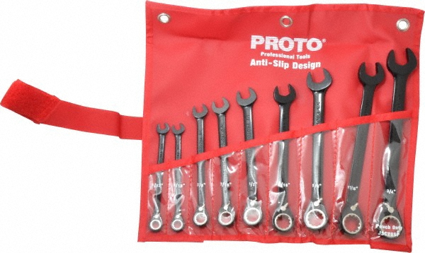 Combination Wrench Set: 9 Pc, 9/32 to 3/4" Wrench, Inch - 15 deg Head Offset Angle