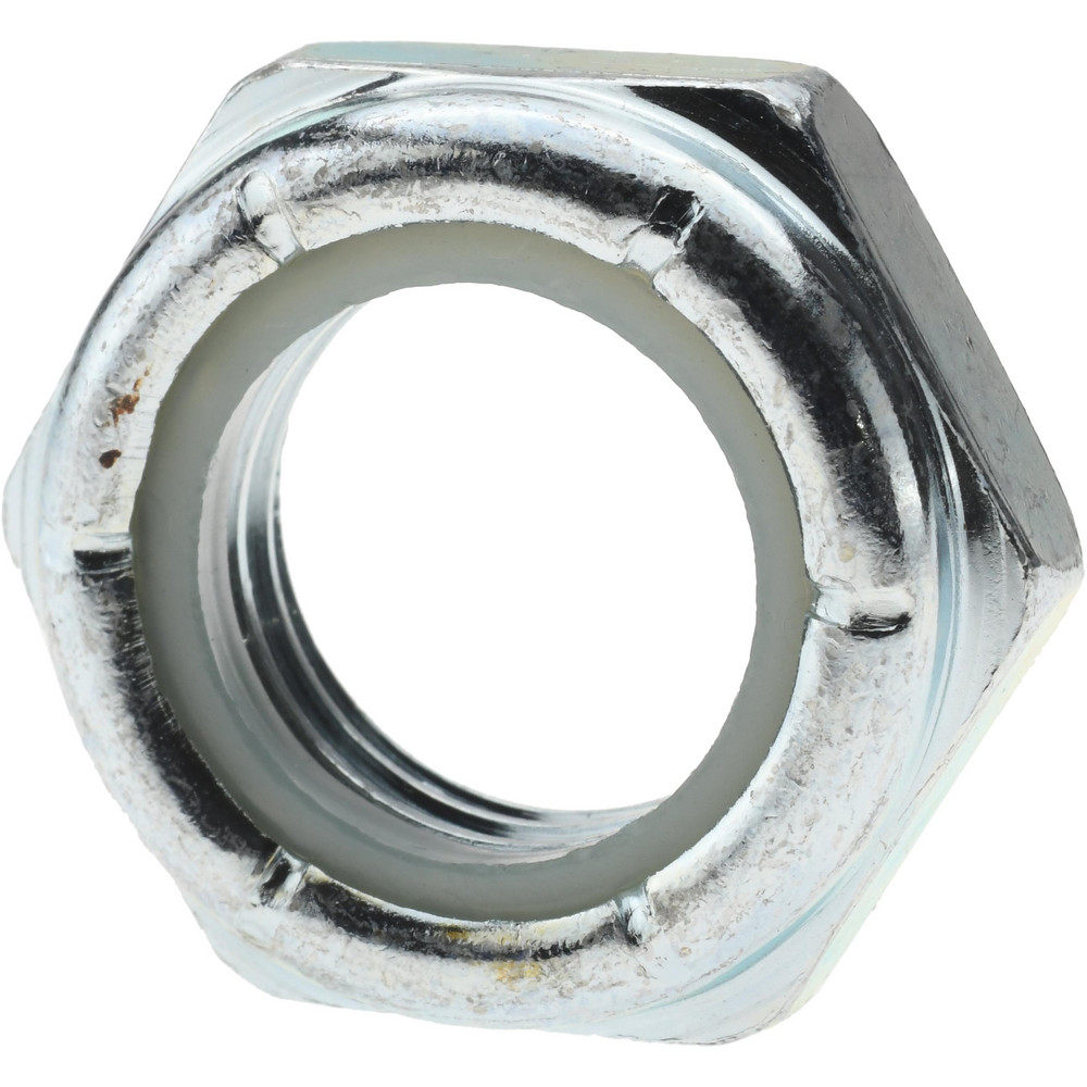 Hex Lock Nut: Insert Lock, Nylon Insert, 1-8, Grade 2 Steel, Zinc Finish - 35/64" High, 1-7/16" Width Across Flats, Right Hand Thread