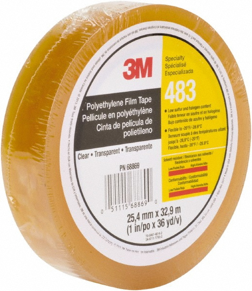 Polyethylene Film Tape: 1" Wide, 110' Long, 5.0000 mil Thick - 10.00 lb/in Tensile Strength, Rubber Adhesive, 200.00 deg F, Series 483