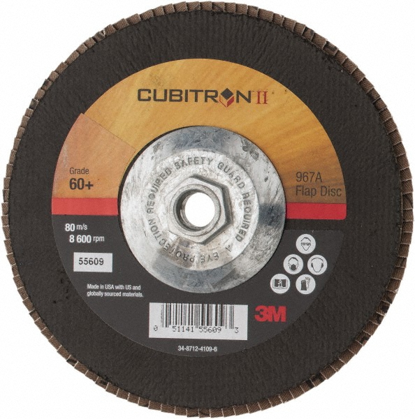 Flap Disc:  7" Dia, Premium Ceramic Alumina, Type 27 - Coated, Coarse Grade, Poly-Cotton-Backed, 13300 Max RPM