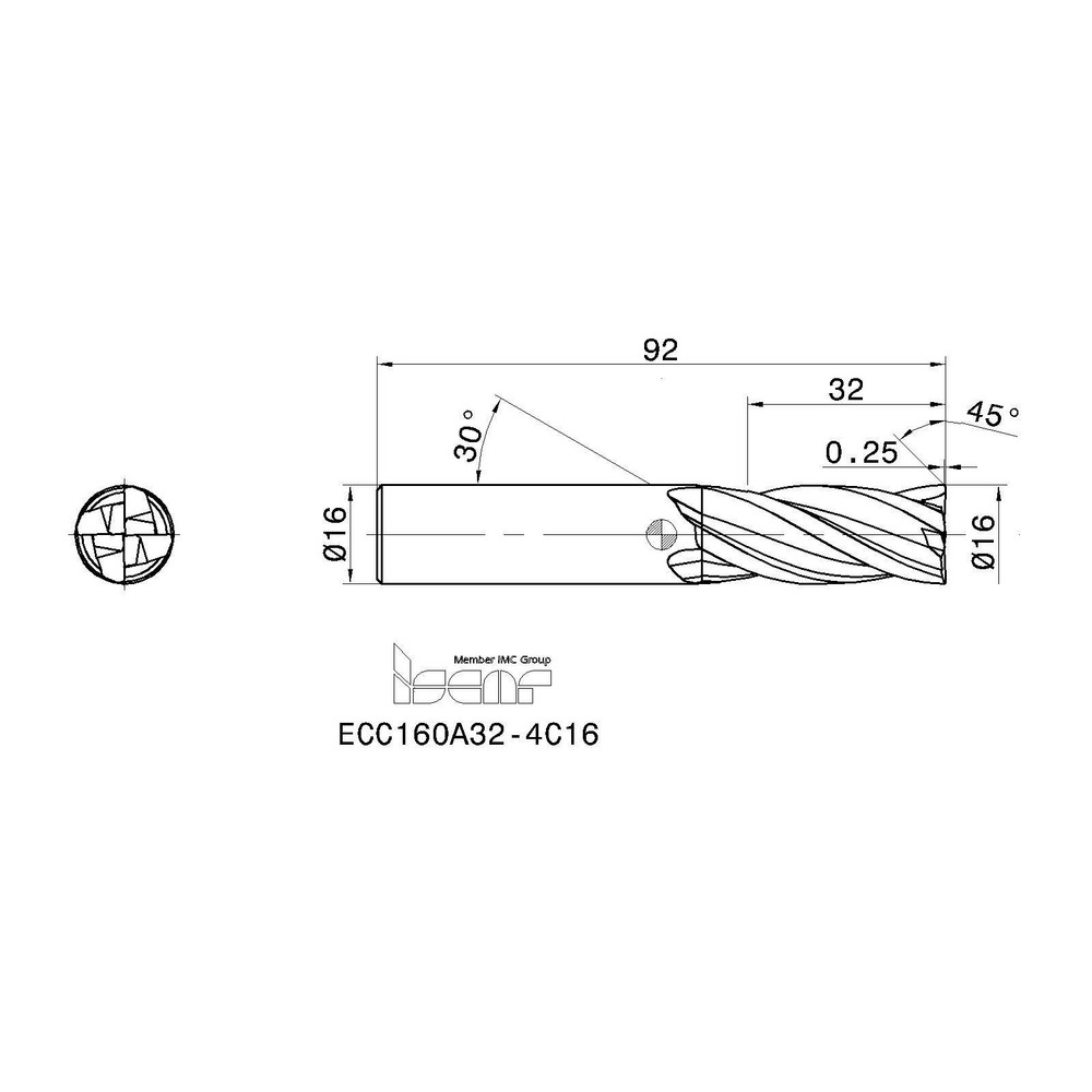Iscar Corner Chamfer End Mill 16.00 mm Dia, 32.00 mm LOC, 4 Flute, 0