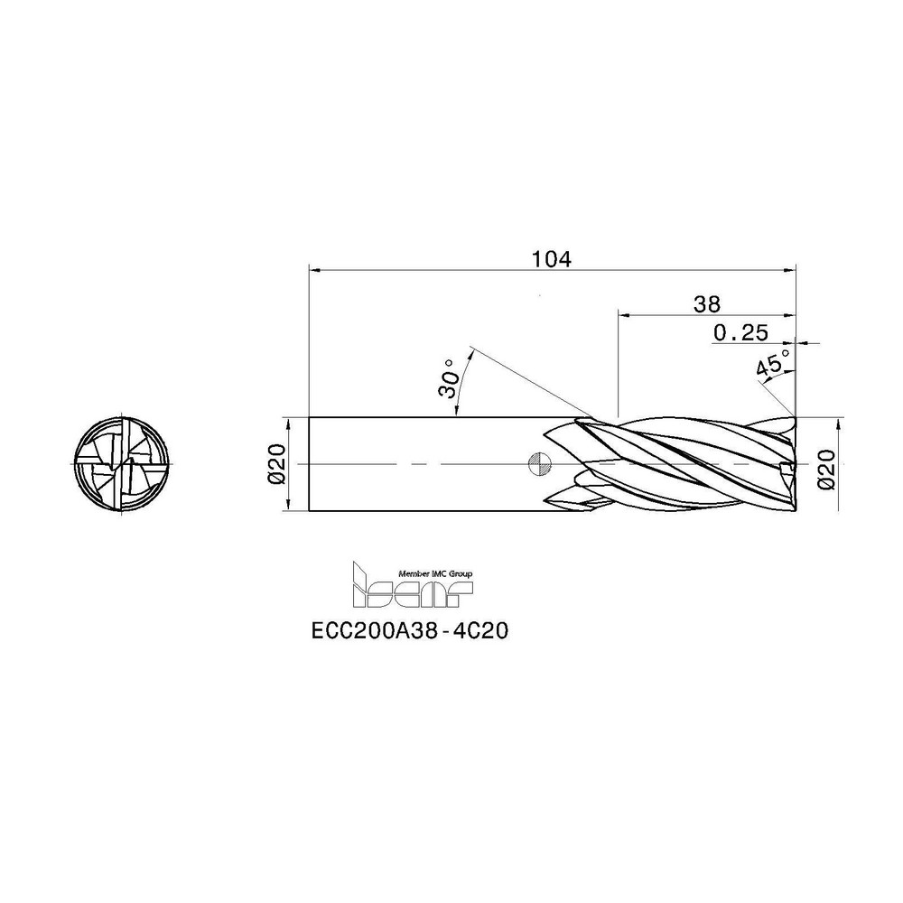 Iscar Corner Chamfer End Mill 20.00 mm Dia, 38.00 mm LOC, 4 Flute, 0