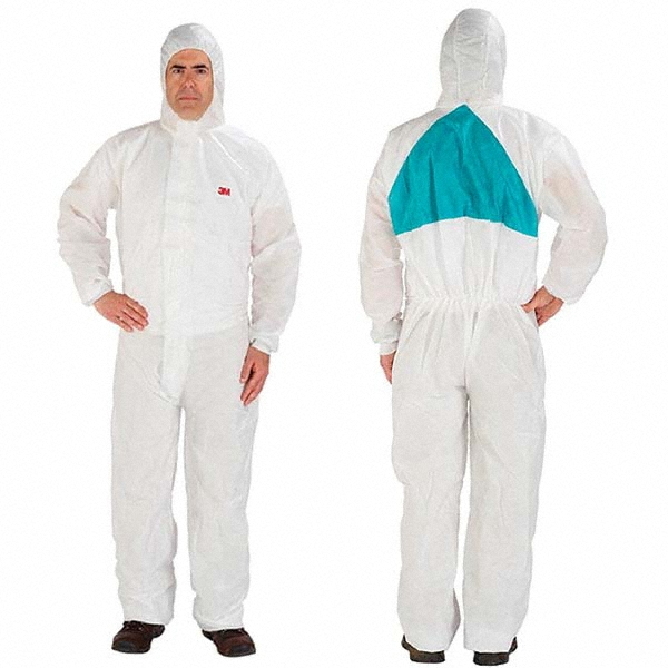 Disposable Coveralls: Anti-Static, Liquid & Particle Protection, Size Large, 6.4300 oz, SMS - Zipper Closure,  White,  Serged Seam, Elastic Cuff, Elastic Ankle, ISO Class Non-Cleanroom