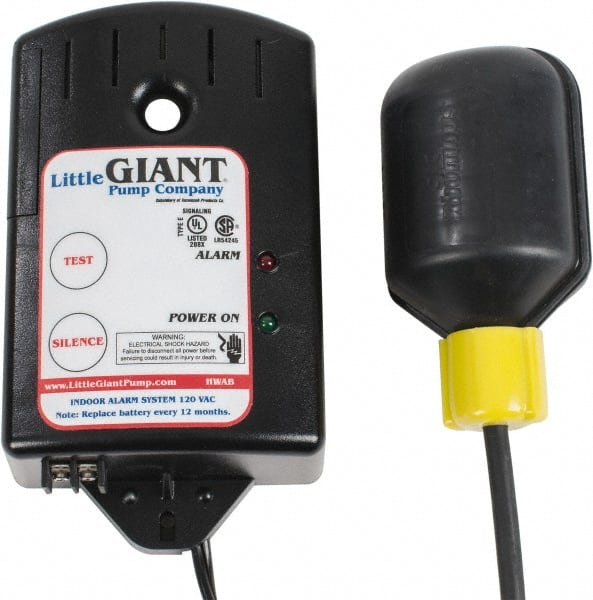 Little Giant Pumps 513288 High-Water Alarms; Voltage: 115V; Material: Corrrosion-resistant plastic; Alarm Level: horn with silence switch; Red warning light; Float Material: Non-Corrisive Plastic; Battery Backup: 9 Volt DC; Maximum Temperature (F): 140; Material: Corrrosion-resist 