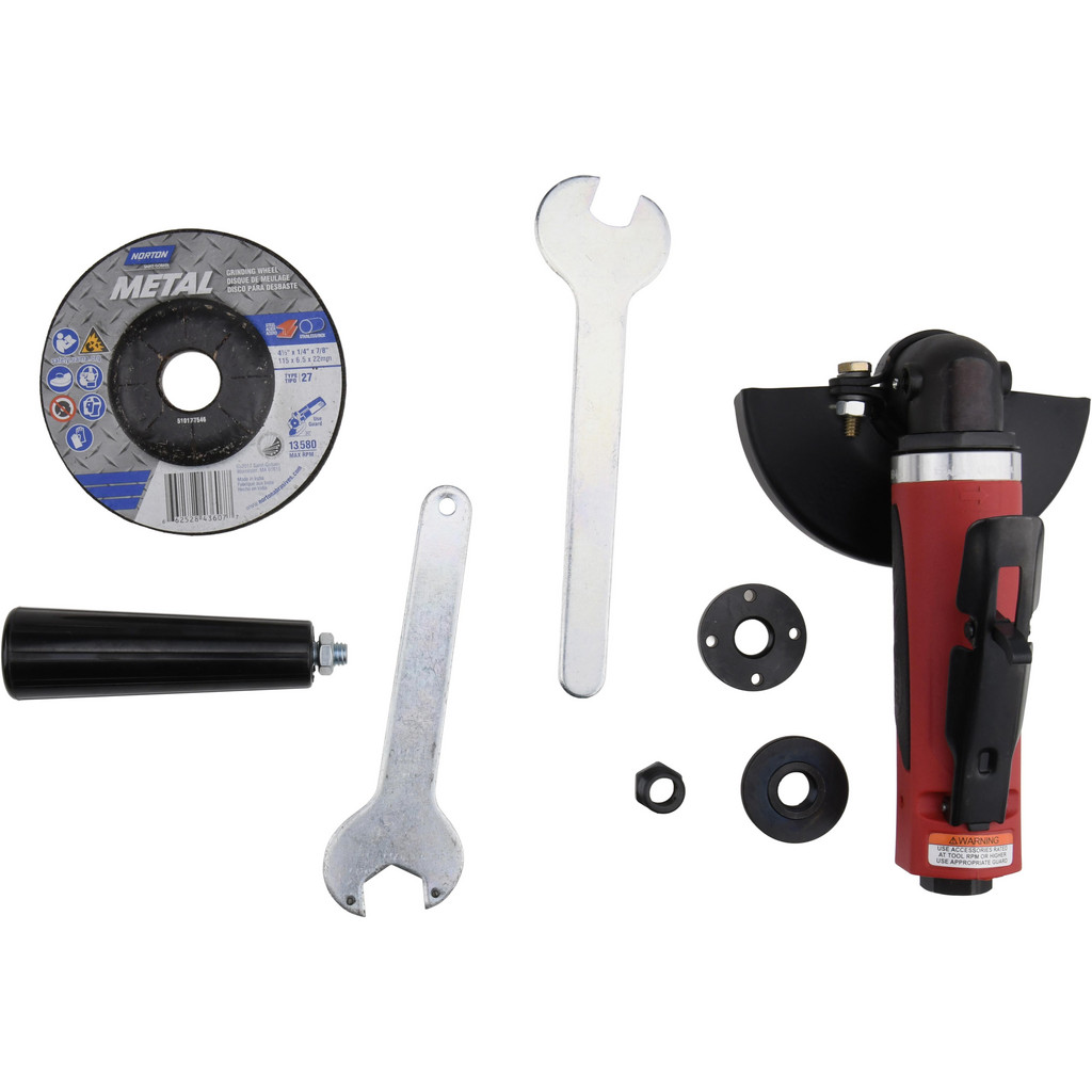 Sioux Tools | Force Air Angle Grinder: 4-1/2" Wheel Dia, 12,000 RPM - 5/8-11 Spindle, 35 CFM, 3/8" Inlet, Rear Exhaust | Part #SWG10A1245