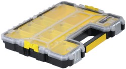 10 Compartment Clear, Black, Yellow Small Parts Shallow Storage Box - 18-13/32" Wide x 13-29/32" High x 2-29/32" Deep, Polypropylene Resin Frame, 3-1/4" Bin Width x 2" Bin Height x 5-3/8" Bin Depth