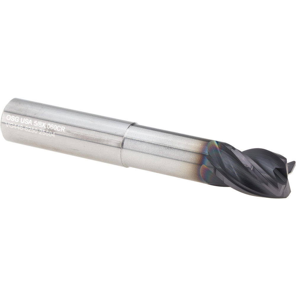 Corner Radius End Mill: 5/8" Dia, 3/4" LOC, 0.0600" Radius, 4 Flute, Solid Carbide