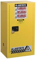 Justrite. 891520 Flammable & Hazardous Storage Cabinets: 15 gal Drum, 1 Door, 1 Shelf, Self Closing, Yellow 