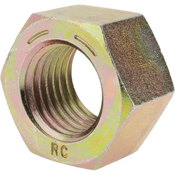 Hex Nut: 1-1/4 - 7, Grade 8 Steel, Zinc Yellow Dichromate Finish