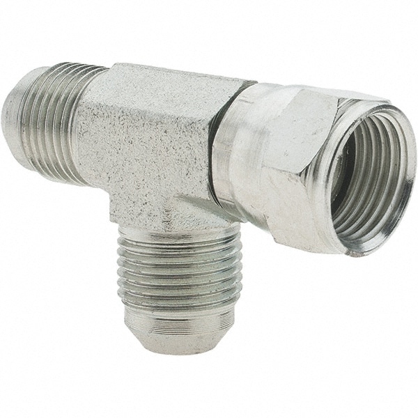 Steel Flared Tube Swivel Run Tee: 1/2" Tube OD, 3/4-16 x 3/4-16 x 3/4-16 Thread, 37 ° Flared Angle