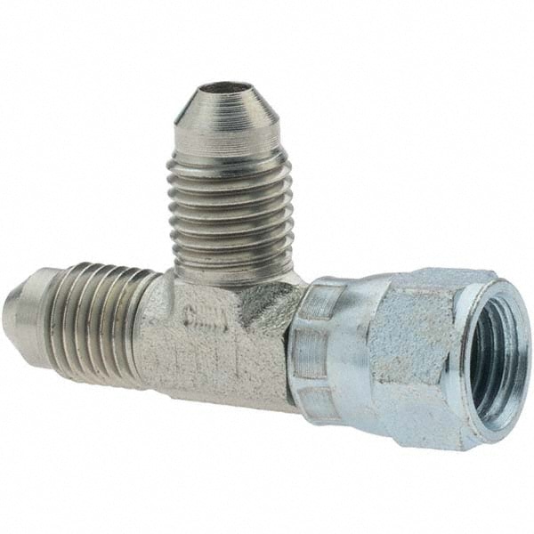 Steel Flared Tube Swivel Run Tee: 1/4" Tube OD, 7/16-20 x 7/16-20 x 7/16-20 Thread, 37 ° Flared Angle