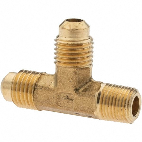Brass Flared Tube Male Run Tee: 1/4" Tube OD, 1/8-27 Thread, 45 ° Flared Angle