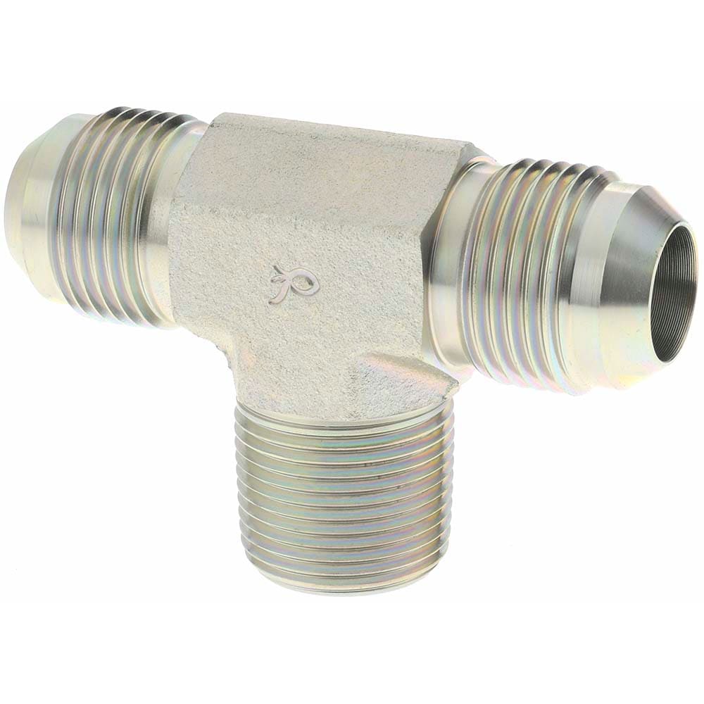 Steel Flared Tube Male Branch Tee: 3/4" Tube OD, 1-1/16-12 x 1-1/16-12 x 3/4-14 Thread, 37 ° Flared Angle