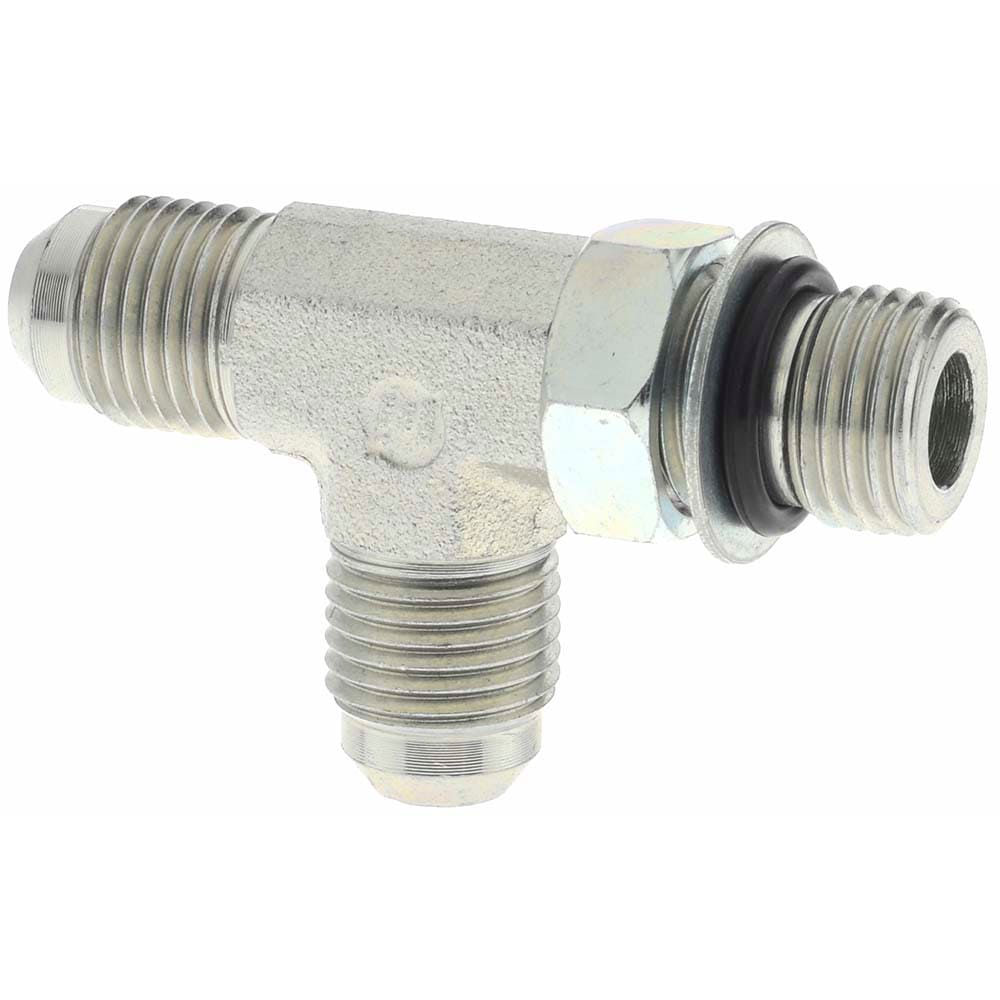 Steel Flared Tube Run Tee: 3/8" Tube OD, 9/16-18 x 9/16-18 x 9/16-18 Thread, 37 ° Flared Angle