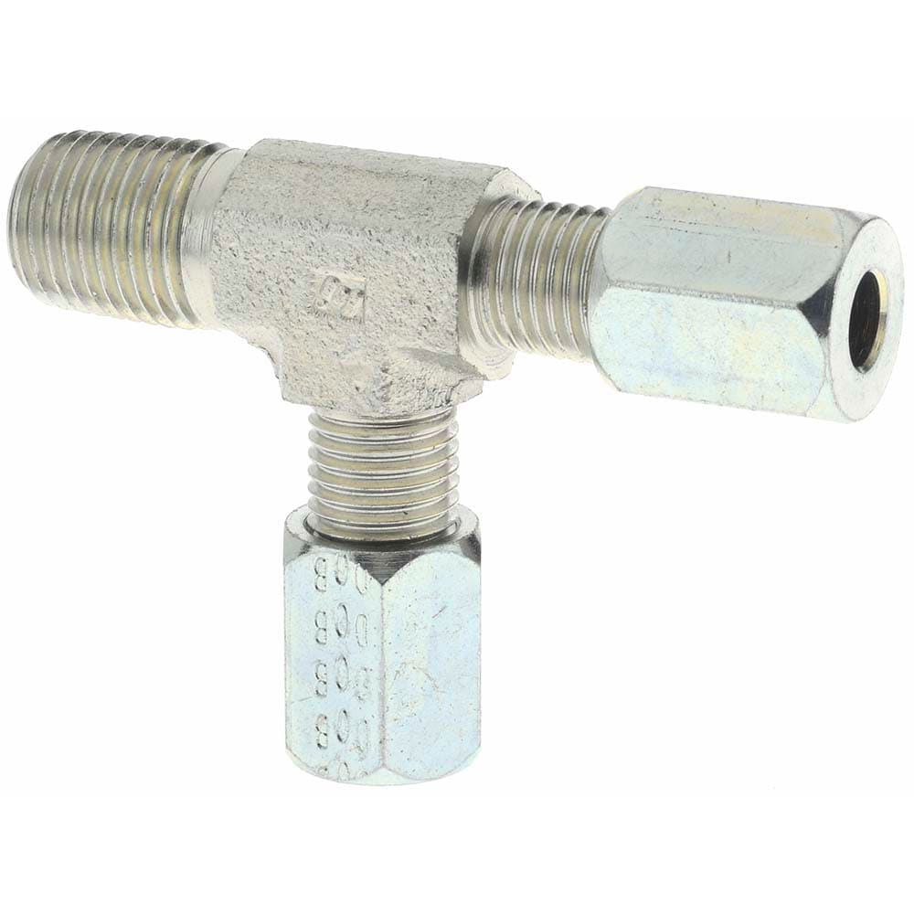 Steel Flared Tube Run Tee: 1/4" Tube OD, 7/16-20 x 1/4-18 x 7/16-20 Thread, 37 ° Flared Angle
