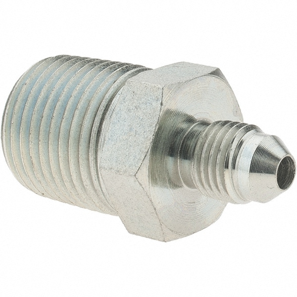 Steel Flared Tube Connector: 1/4" Tube OD, 7/16-20 x 1/2-14 Thread, 37 ° Flared Angle