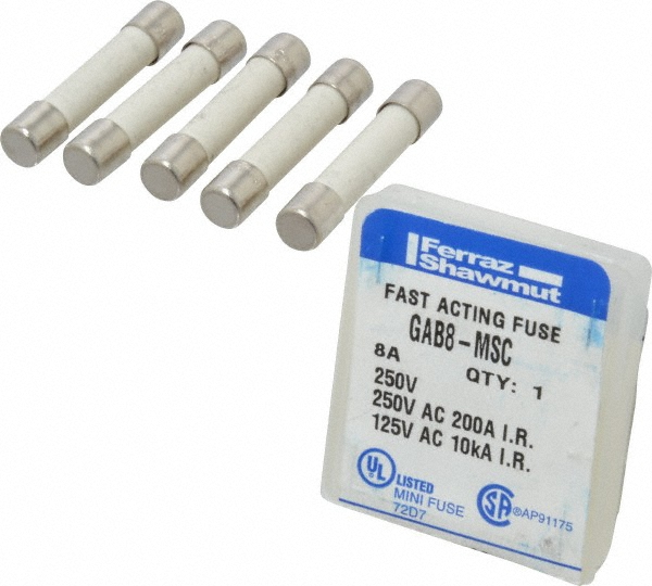 Mini Fuse: Fast-Acting, 250 V, 8.00 A - 1-1/4" OAL, 1/4" Dia, Ceramic