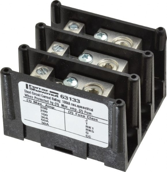 3 Poles, 135 Amp, 2/0-14 AWG Primary, 4-14 AWG Secondary, Polycarbonate Power Distribution Block