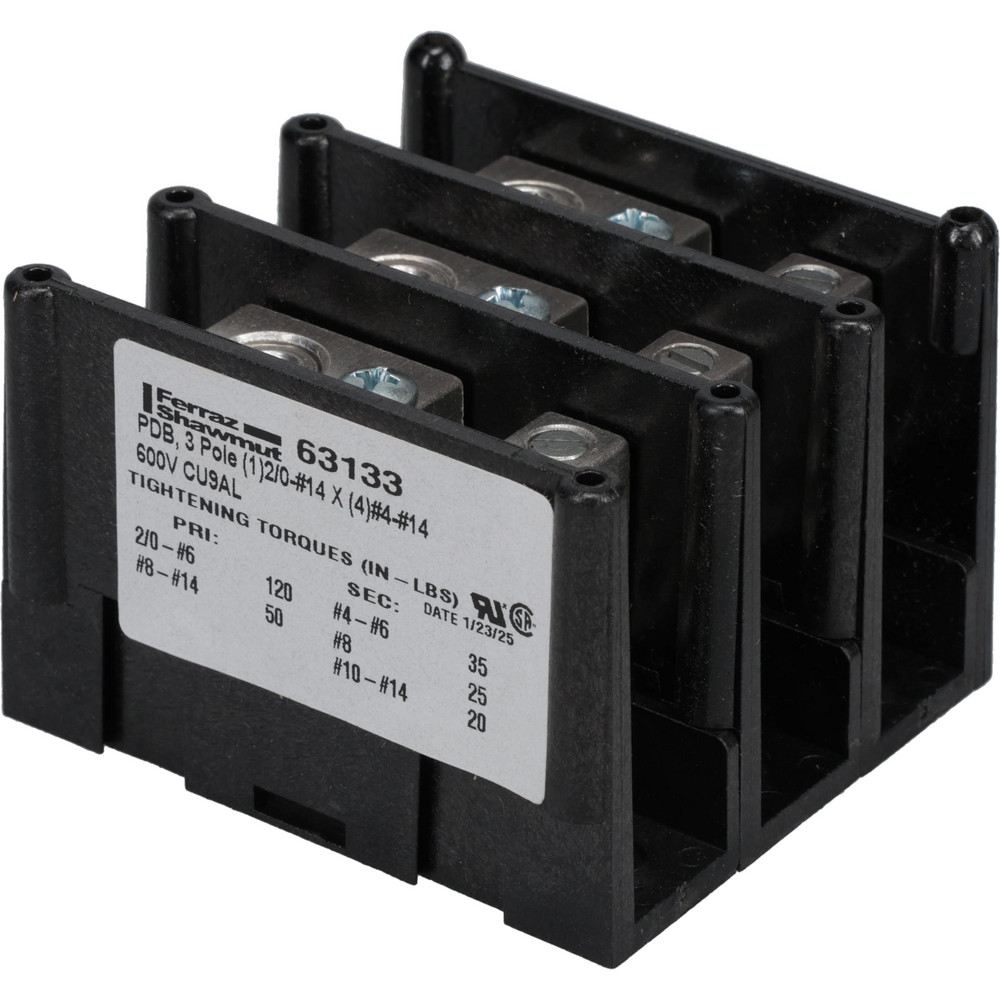 3 Poles, 135 Amp, 2/0-14 AWG Primary, 4-14 AWG Secondary, Polycarbonate Power Distribution Block - 1000 VAC/VDC, 1 Primary Connection, 2.91 Inch Long x 3.08 Inch Deep x 2.81 Inch High