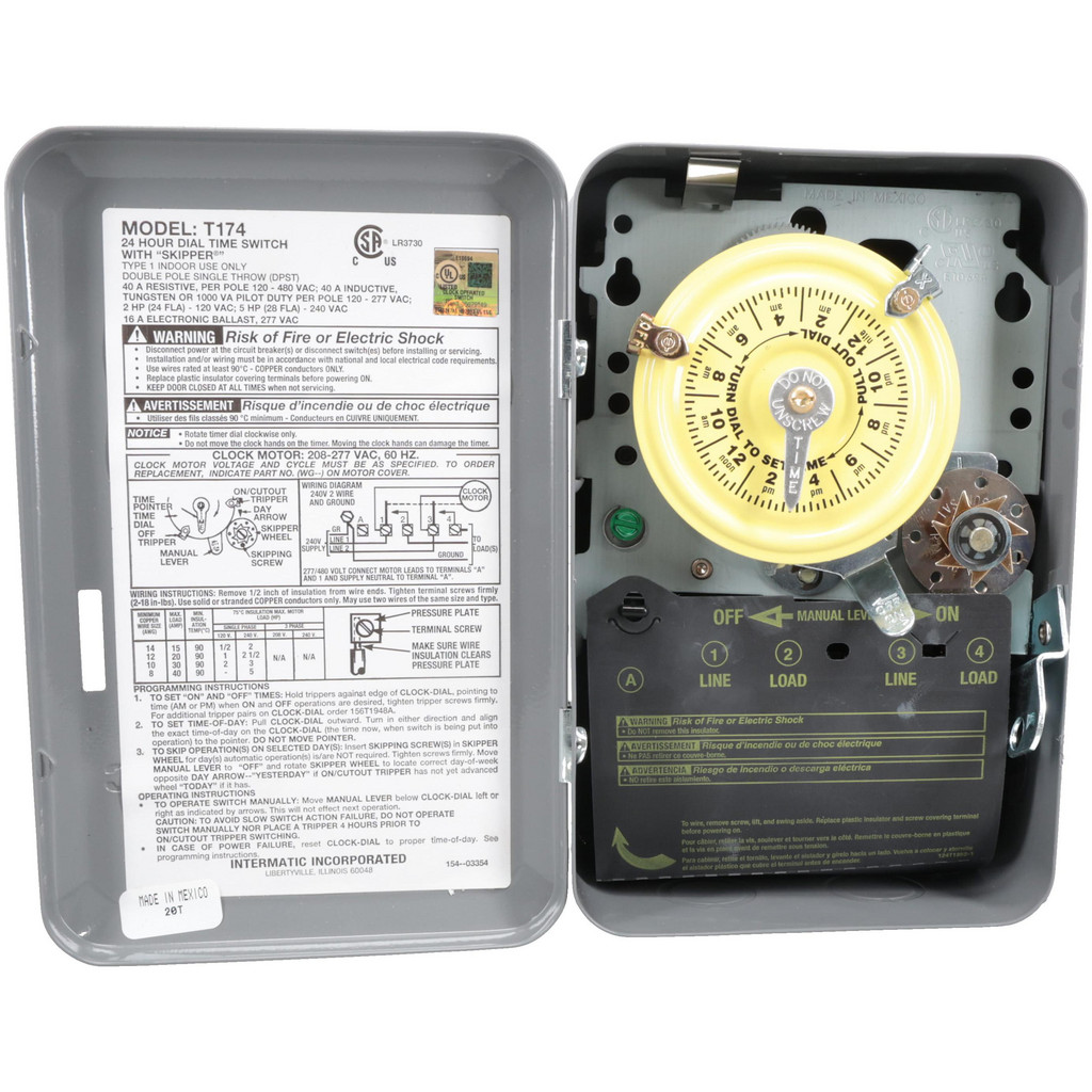 Intermatic 24 hr Indoor Analog Electromechanical Timer Switch - 12 On/Off per Day, 208 to 277 VAC, 60 Hz, | Part #T174