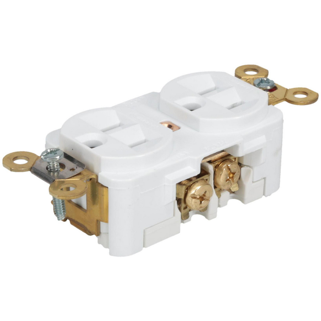 Hubbell Wiring Device-Kellems Straight Blade Duplex Receptacle: NEMA 5-15R, 15 Amps, Self-Grounding - Specification, White | Part #HBL5262W