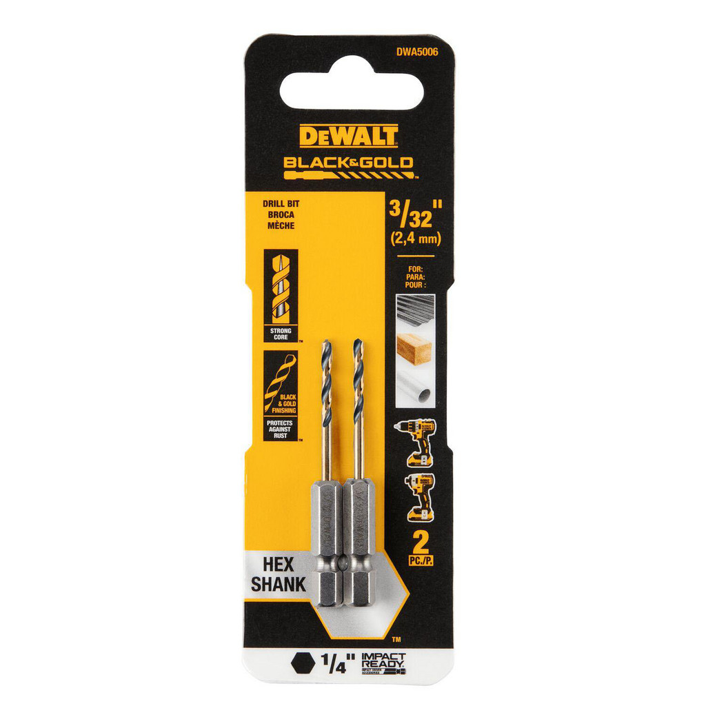 DeWALT Mechanics Drill Bit: 135°, High-Speed Steel, Hex Shank, Split-Point Point - Gold Finish, RH Cut Series BLACK & GOLD | Part #DWA5006