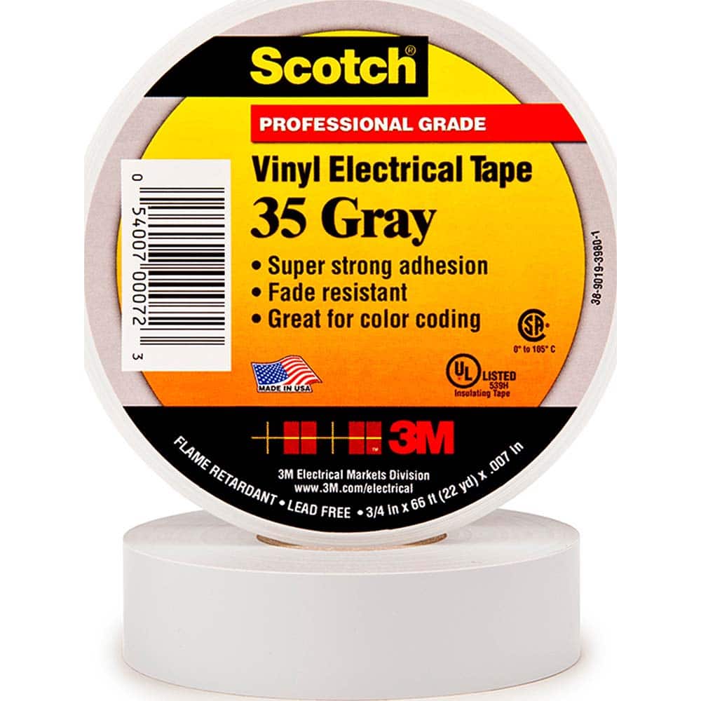 Electrical Tape: 3/4" Wide, 66' Long, 7 mil Thick, Gray