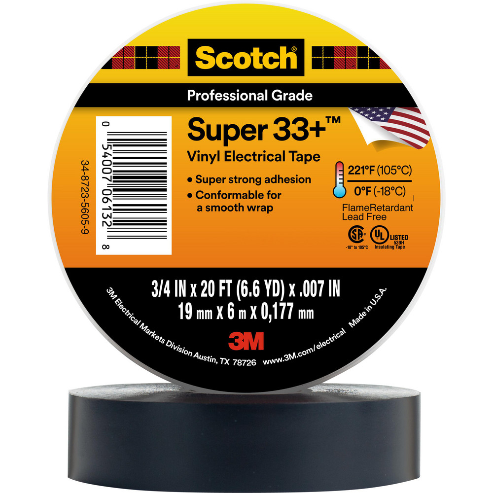 Electrical Tape: 3/4" Wide, 20' Long, 7 mil Thick, Black - 0 to 220 &deg; F Operating Temp, 1,150 V/mil, Series 33+