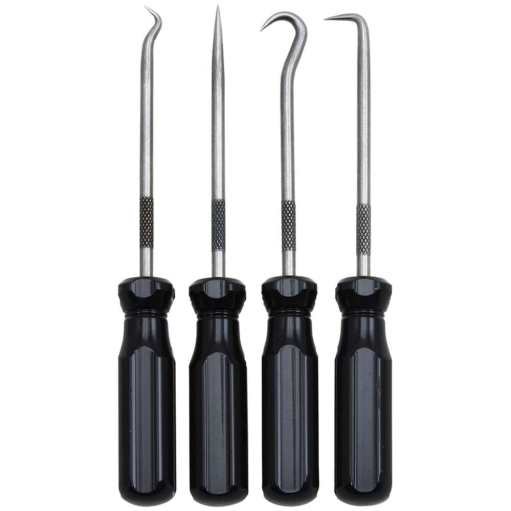 Scribe & Probe Sets; Type: Hook & Pick Scriber Set; Number of Pieces: 4; Overall Length: 5-1/16 in; Includes: Screw Driver Handles; Number Of Pieces: 4; Contents: Straight Pick; Hook Pick; 90 Degree Pick; Combination Pick; Overall Length: 5-1/16; 5-1/16 i