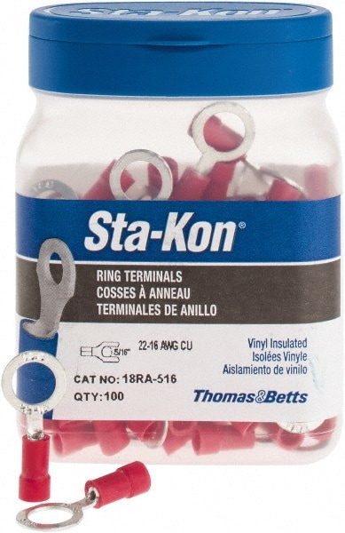 Thomas & Betts 18RA-516 D Shaped Ring Terminal: Partially Insulated, 22 to 16 AWG, Crimp Connection 