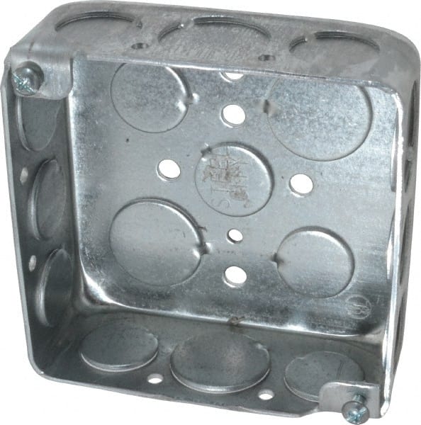 Electrical Outlet Box: Steel, Square, 4 OAH, 4 OAW, 1-1/2 OAD, 2 Gangs