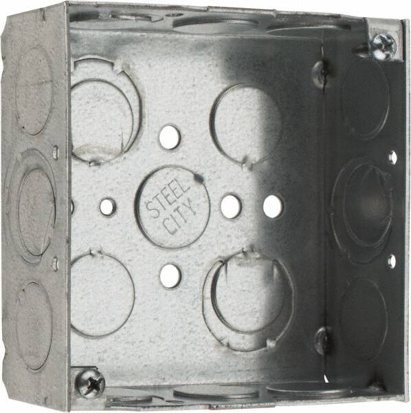 Electrical Outlet Box: Steel, Square, 4" OAH, 4" OAW, 1-1/2" OAD, 2 Gangs