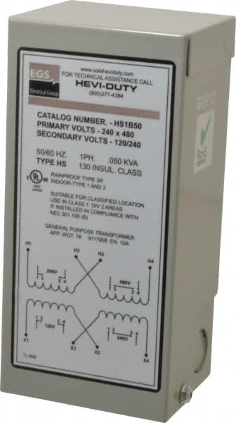 1 Phase, 240-480 Volt Input, 120/240 Volt Output, 60 Hz, 0.05 kVA, General Purpose Transformer